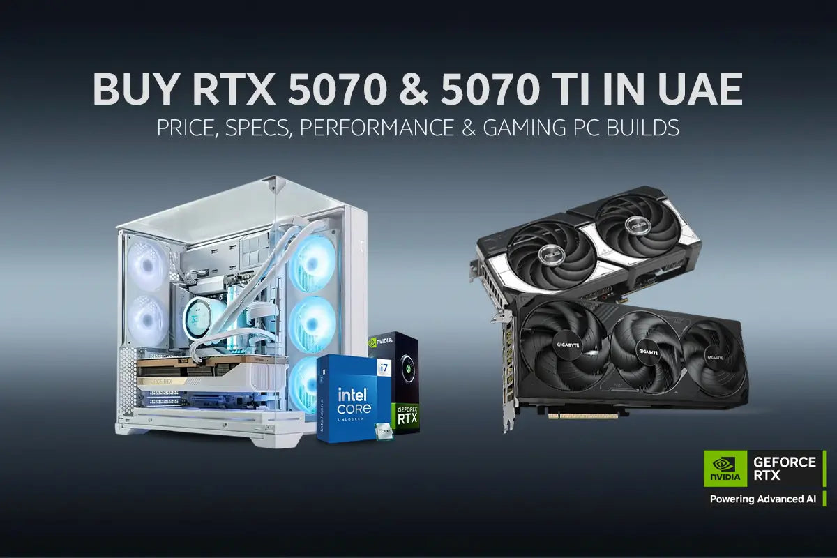 Buy RTX 5070 & RTX 5070 Ti in UAE – price, specs, performance and gaming PC builds with liquid-cooled white PC and NVIDIA GPUs