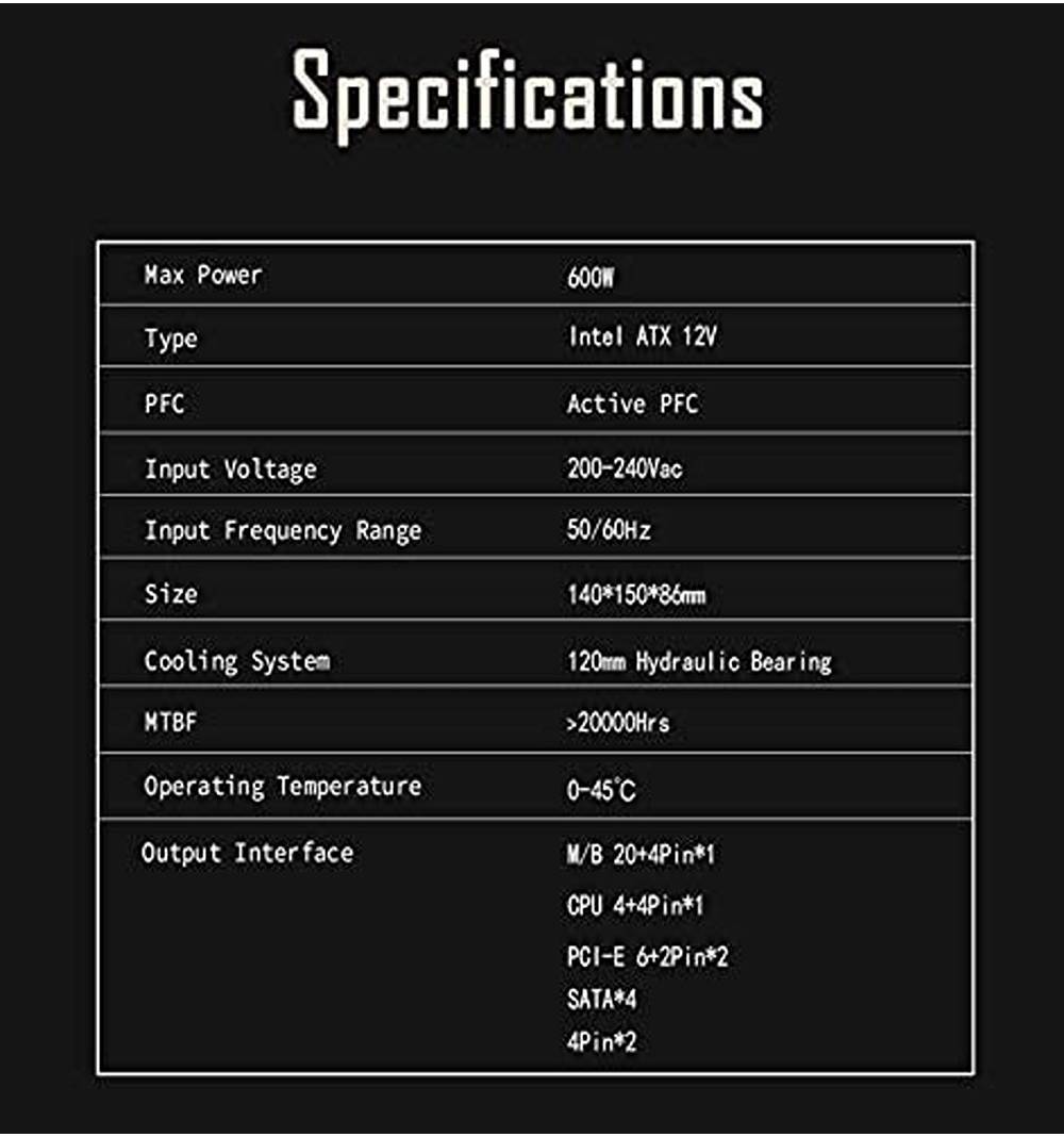 Aigo Warrior AK600 Max 600W Power Supply, Built-in PFC, Intelligent Temperature Control, Silent 12cm Hydraulic Bearing RGB Fan, ATX 24pin 12V, 4 SATA Interface, Balck | AK600