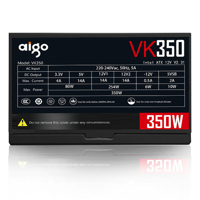 AIGO VK350 350W Computer Power Supply, Intel ATX 12V, 120mm Fan Size, 50Hz Frequency, Hydraulic Bearing, SATA x2 / 4 Pin Interface, 220-240V AC Input Voltage, Black | VK350
