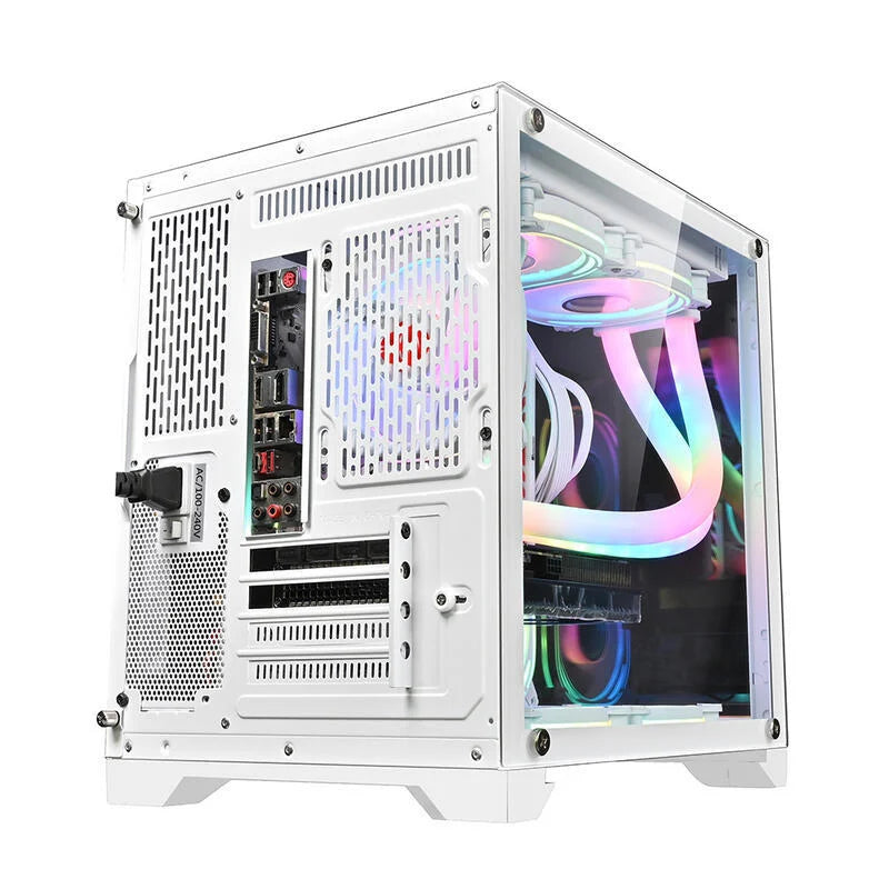 Robin Cube M-ATX/ITX Gaming PC Desktop Computer Case White with Side Tempered Glass Panels with 7 Fan Support (Fans not including)