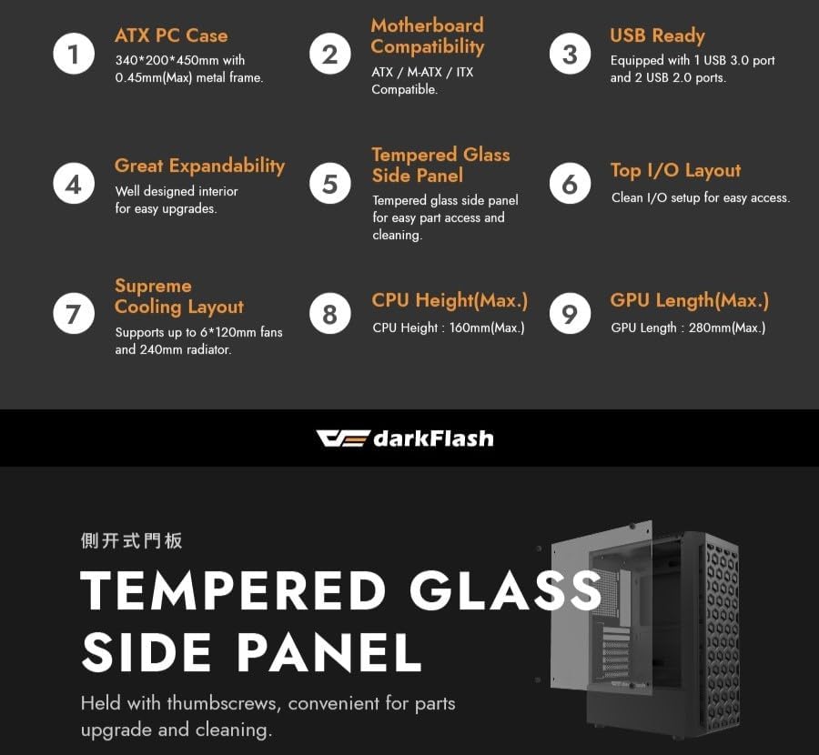 DarkFlash DK300M, Tempered Glass Computer Chassis, 0.45/0.4mm SPCC, M-ATX, ITX, HDD and SSD, USB 3.0x1, USB 2.0 x2, HD AUDIO and Power, 3 RGB Fans Pre-Installed, Black