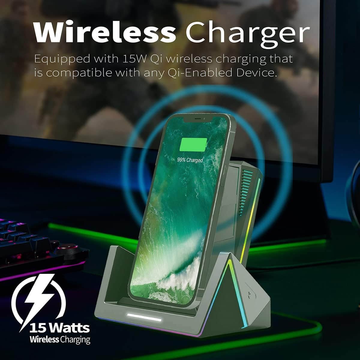 Vertux Qi 15W PRO GAMING WIRELESS CHARGING STATION | 15W Qi Wireless Charging Stand 18W USB-C Power 8 RGB Lighting Modes Fast Wireless Charging Qi-Enabled Smartphones - Black