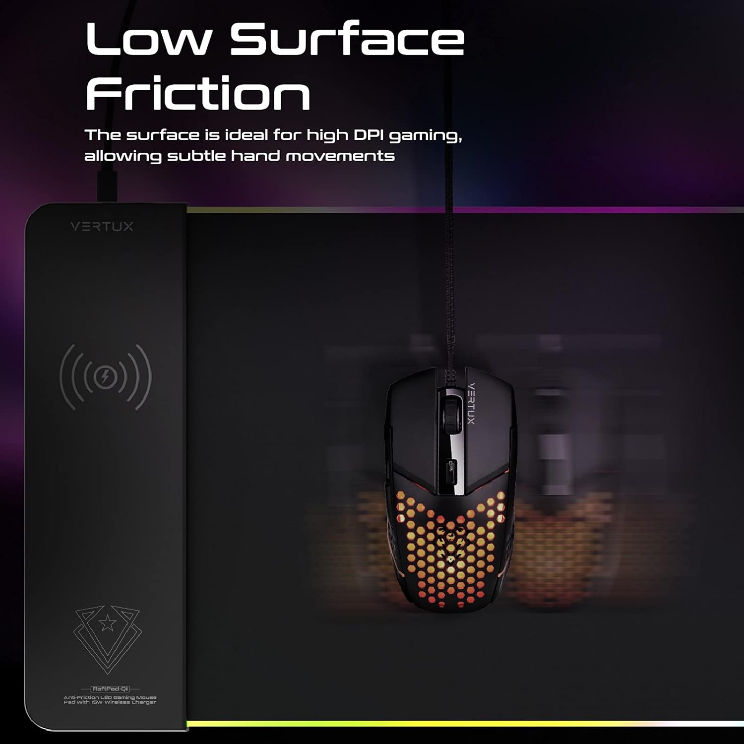 Vertux LED Gaming Mouse Pad | 15W Qi Wireless Charging Pad | Anti-Friction | Zero Slip Grip | Smooth LED Illumination | Non-Slip Base Gaming Mouse Pad | Large Size Mouse Pad- Black