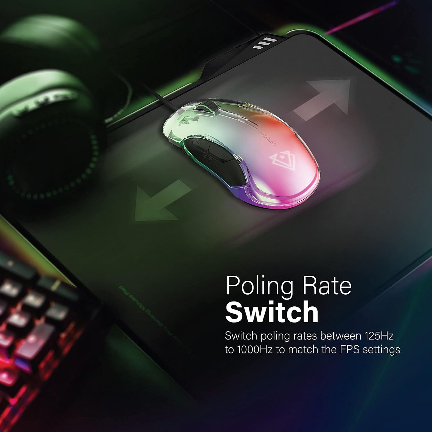 Vertux Phoenix Gaming Mouse Transparent Top Cover 12000 DPI Optical Sensor for High Precision Non-Slip Grid 5 Programmable Buttons 20 Million Clicks 1000 Hz Polling Rate