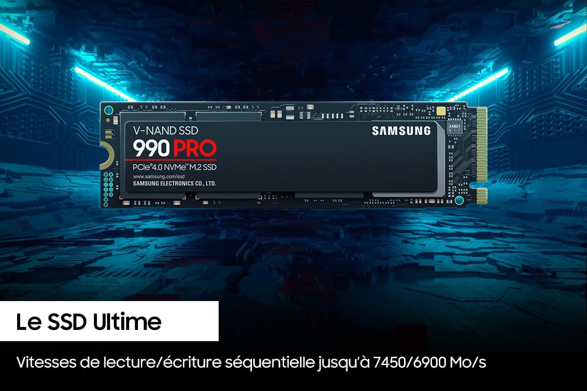 Samsung 990 Pro 4TB NVMe M.2 SSD, PCIe Gen 4.0, 7450 MB/s Sequential Read Speed, 6900 MB/s Sequential Write Speed, 3.3 Voltage, V-NAND 3-bit MLC MZ-V9P4T0BW