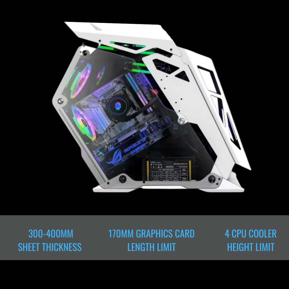 Open Type Desktop Computer Case Side Glass E-sports Chassis M-ATX Mainboard 6x120mm Fan and 240 Water Cooler support, Tempered Glass E-ATX Computer PC Case White