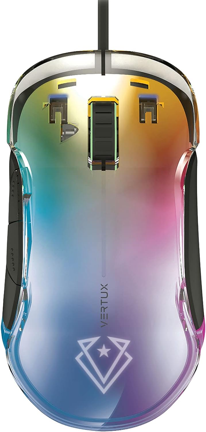 Vertux Phoenix Gaming Mouse Transparent Top Cover 12000 DPI Optical Sensor for High Precision Non-Slip Grid 5 Programmable Buttons 20 Million Clicks 1000 Hz Polling Rate