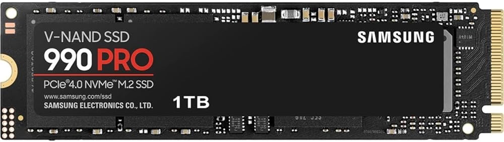 Samsung 990 Pro 1TB M.2 NVMe SSD, PCIe Gen 4.0, 7450 MB/s Sequential Read Speed, 6900 MB/s Sequential Write Speed, 3.3 Voltage, V-NAND 3-bit MLC MZ-V9P1T0BW