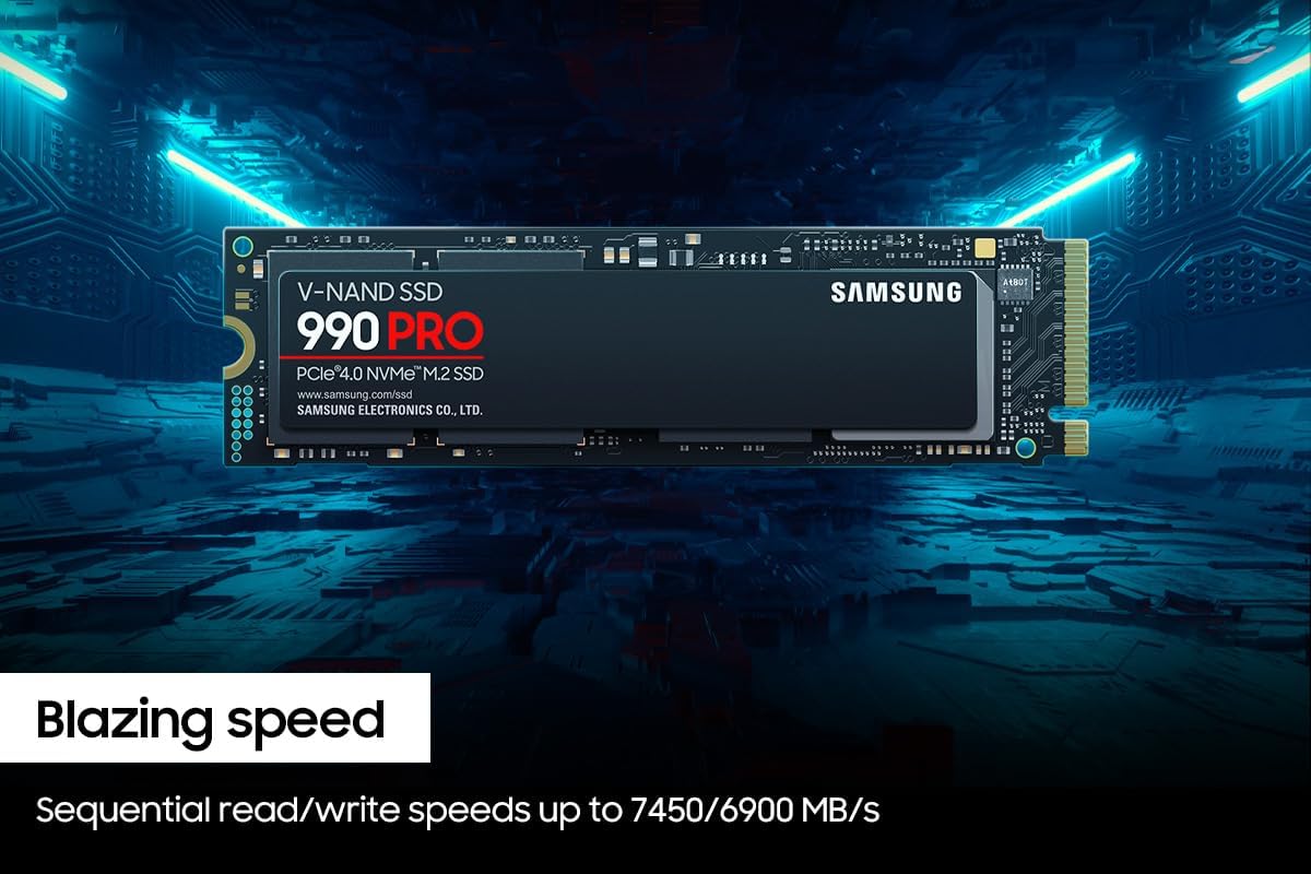 Samsung 990 Pro 2TB NVMe M.2 SSD, PCIe Gen 4.0, 7450 MB/s Sequential Read Speed, 6900 MB/s Sequential Write Speed, 3.3 Voltage, V-NAND 3-bit MLC MZ-V9P2T0BW