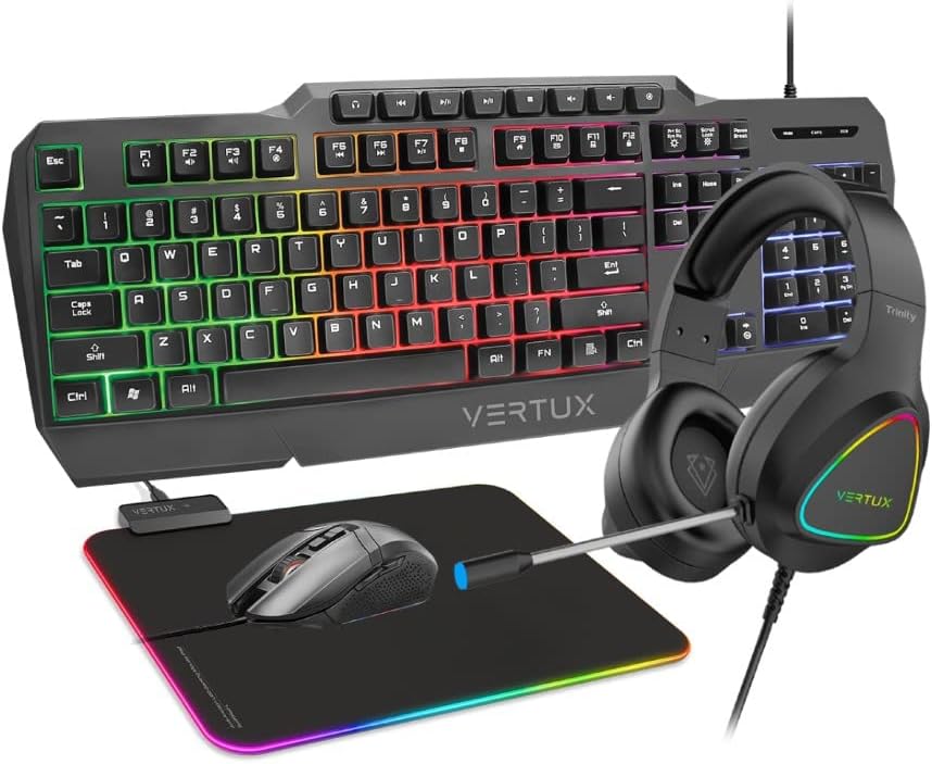 Vertu 4 In 1 Gaming Starter Kit, Rainbow Backlit Wired Gaming Keyboard & Mouse Combo, RGB Foldable Gaming Mouse Pad, Pro Gaming Over Ear Headset | Vertux kit