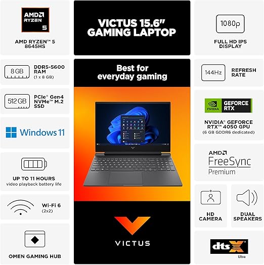 HP Victus 15-FB2082wm AMD Ryzen 5-8645HS, NVIDIA GeForce 6GB RTX 4050 Graphics, 8GB RAM DDR5, 512GB SSD, 15.6” FHD IPS 144Hz Display, Windows 11 Home, Mica Silver