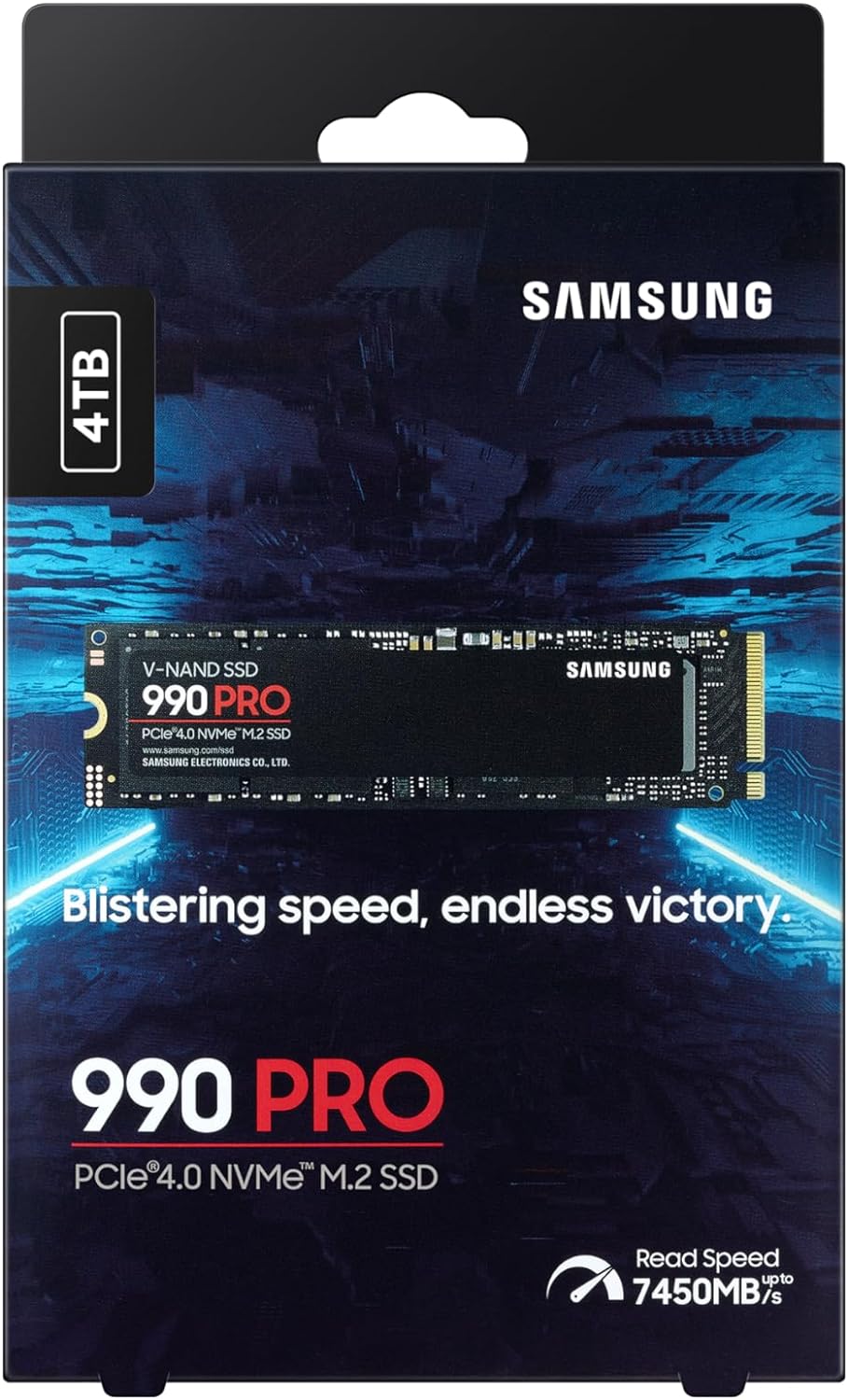 Samsung 990 Pro 4TB NVMe M.2 SSD, PCIe Gen 4.0, 7450 MB/s Sequential Read Speed, 6900 MB/s Sequential Write Speed, 3.3 Voltage, V-NAND 3-bit MLC MZ-V9P4T0BW