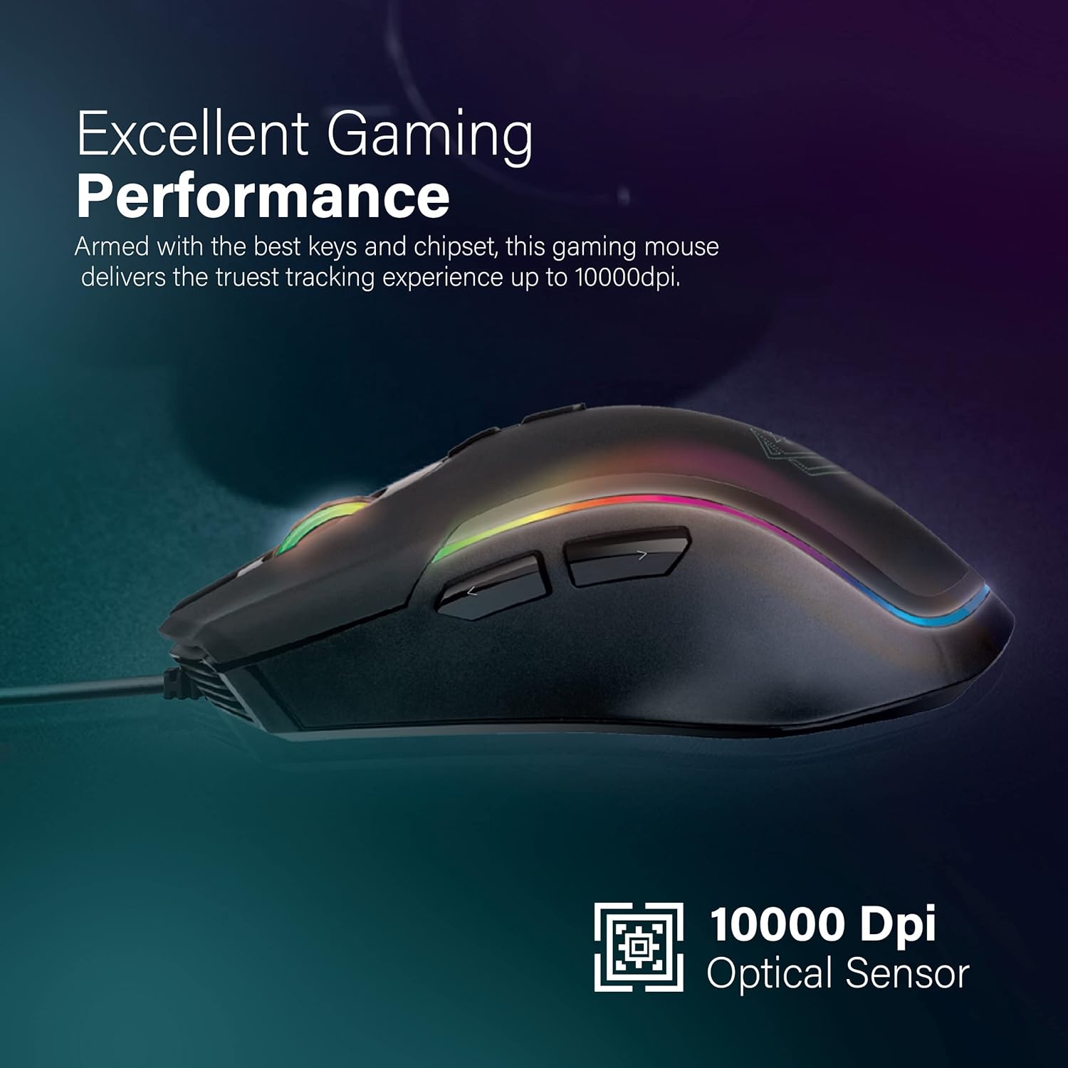 Vertux Assaulter Gaming Mouse Up to 10000 DPI Optical Sensor Lights Wired Optical Gaming Mouse Ultra Fast 10 Million Clicks Lightweight RGB Gaming Mouse Black