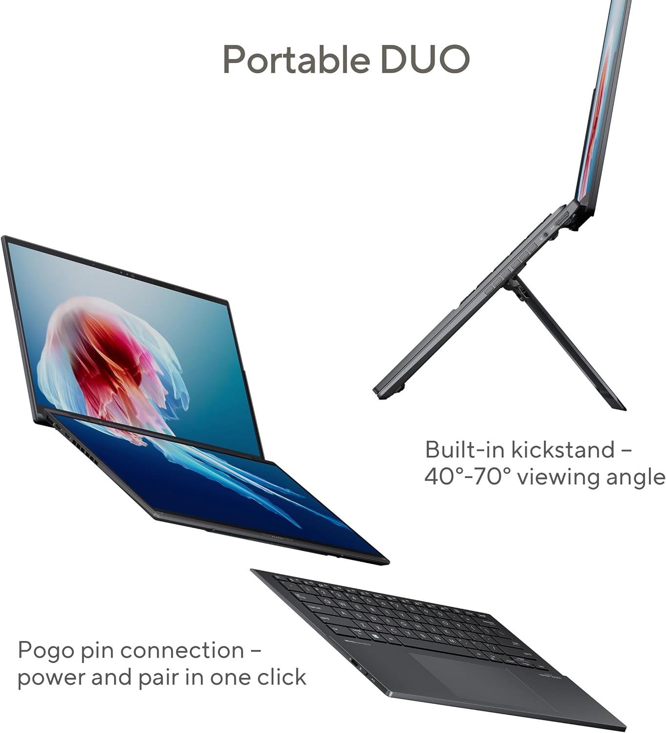 Asus Zenbook Duo Laptop, Dual 14'' OLED WUXGA Touch Display, Intel Core Ultra 7-155H, Intel Arc Graphics, 16GB RAM, 1TB SSD, Soft Keyboard with Touchpad, Windows 11 Home, Inkwell Gray