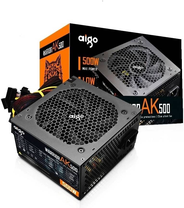 Aigo Warrior AK500 Max 500W ATX Power Supply, Built-in PFC, Intelligent Temperature Control, Silent 12cm Hydraulic Bearing Fan, ATX 24pin 12V, 4 SATA Interface, Black | AK500