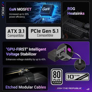 ASUS ROG Strix 1000W Platinum, ROG-STRIX-1000P-GAMING, 80 Plus Platinum & Cybenetics Platinum Certified, GaN MOSFET, ATX 3.1 Compatible, PCIe 5.1 16-Pin Cable, Fully Modular, 0dB Technology, 10-Year Warranty