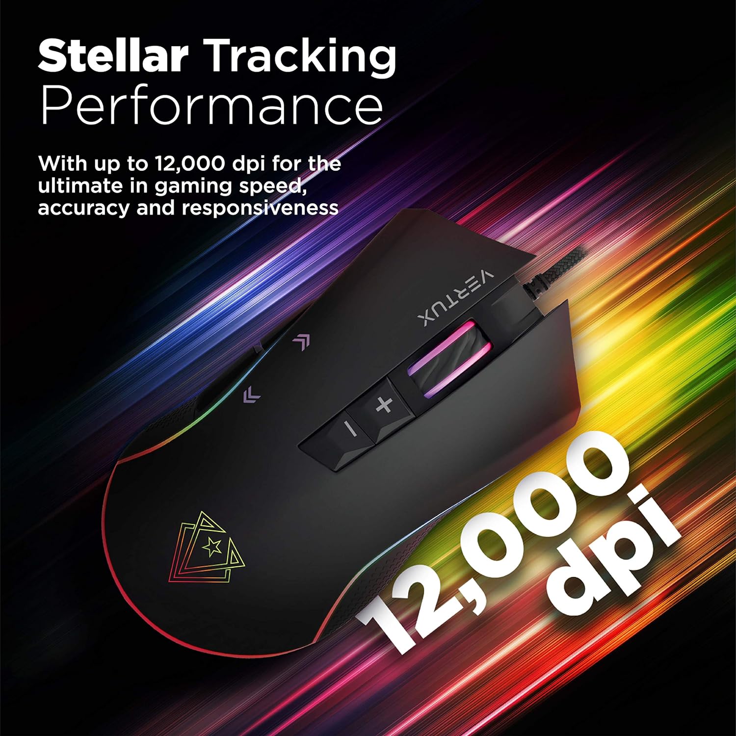 Vertux Rodon Gaming Mouse High Performance Optical Wired Mouse with 12000 Adjustable DPI Customizable Lumi LED 7 Programmable Buttons and Multi-Surface Tracking Black