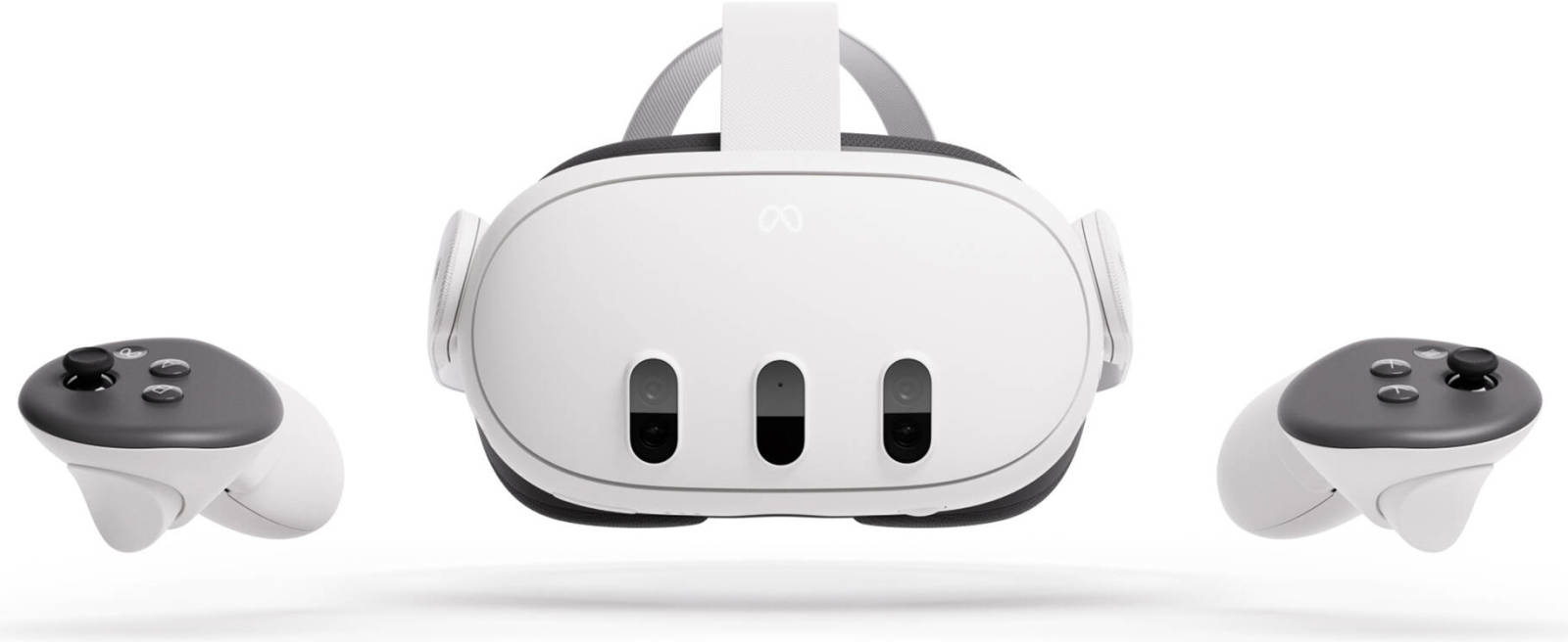 White Meta Quest 3 Advanced virtual reality headset with two black controllers in front of it.