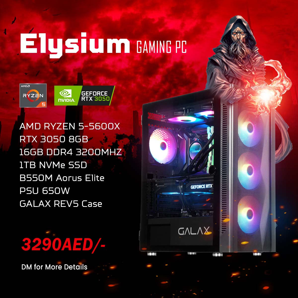 Elysium Gaming PC AMD Ryzen 5 5600X, RTX 3050 8GB, 16GB RAM, 1TB SSD, Windows 10, RGB Case