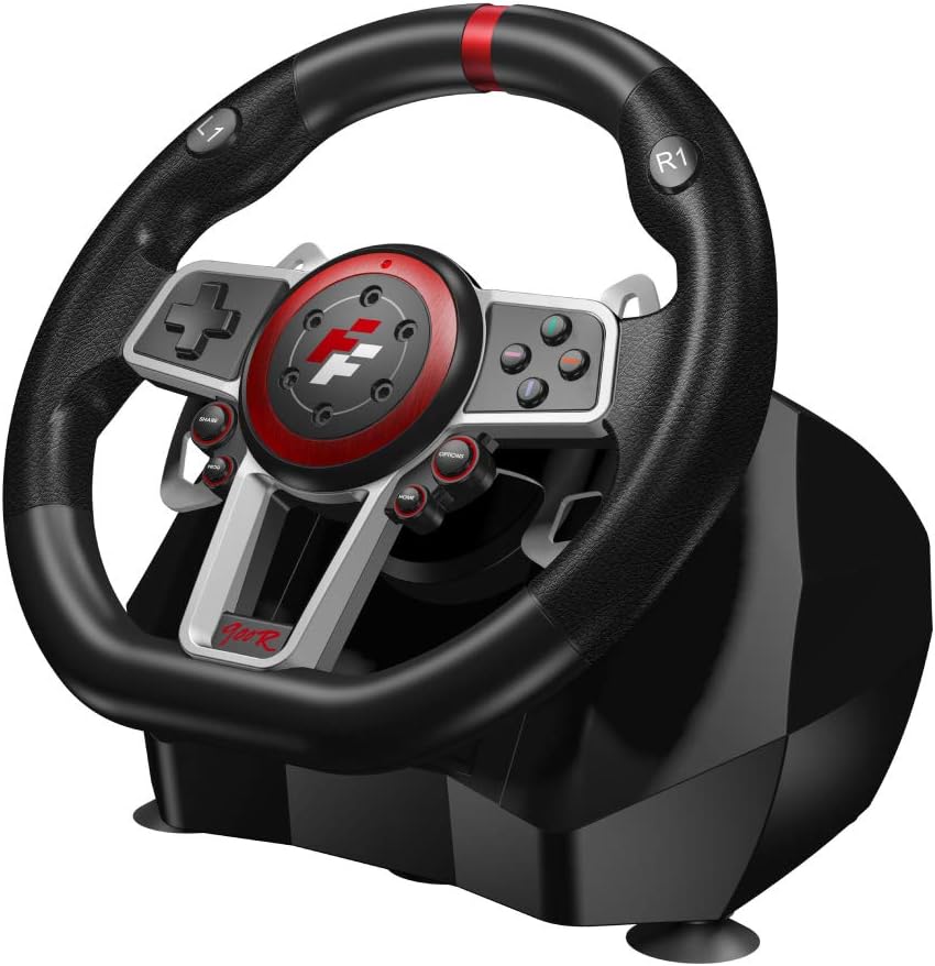 Flasfire Suzuka Wheel 900R Racing Wheel Set, Clutch Pedals, H-Shifter, Hall-Effect Steering Sensor, Vibration Feedback Function, Dual Motors, Adjustable Rotation 270 & 900, Red/Black