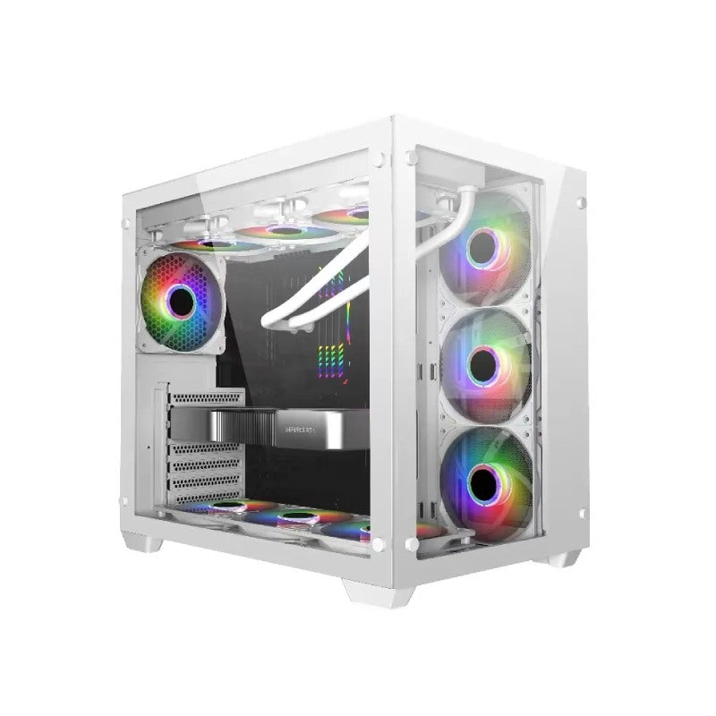PC POWER ICEBERG BK ATX/Micro-ATX/ White Gaming Desktop Computer Case with Side Tempered Glass Panels with 10 Fan Support (Fans not included)