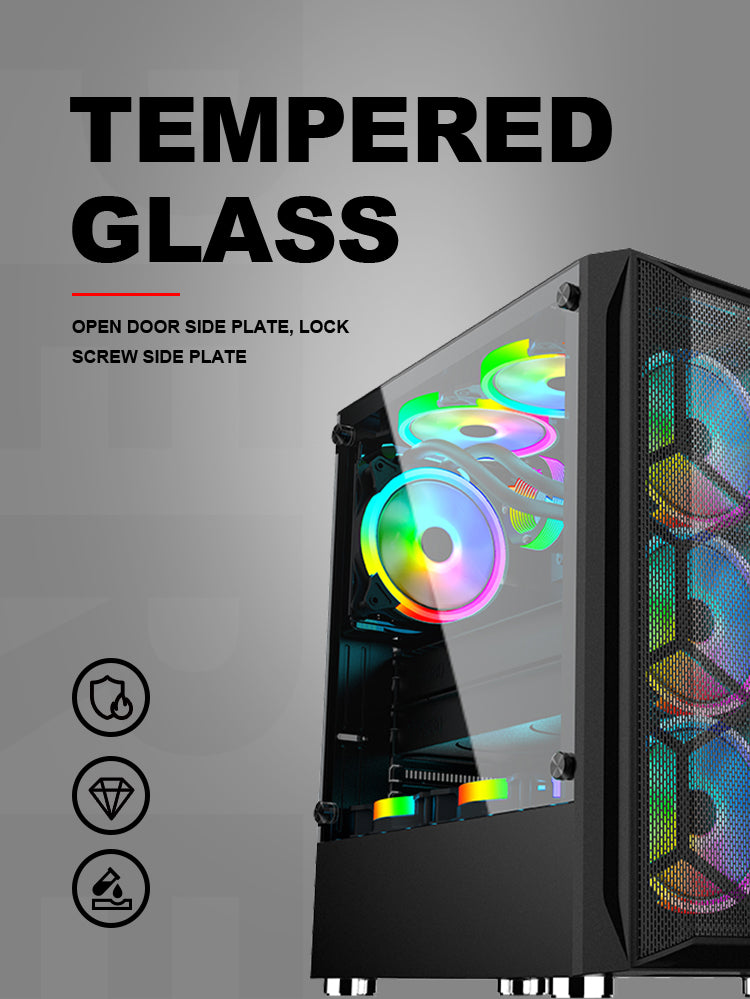 Meteor II ATX/M-ATX Gaming PC Desktop Computer Case Black with Side Tempered Glass Panels with 8 Fan Support (Fans not included)