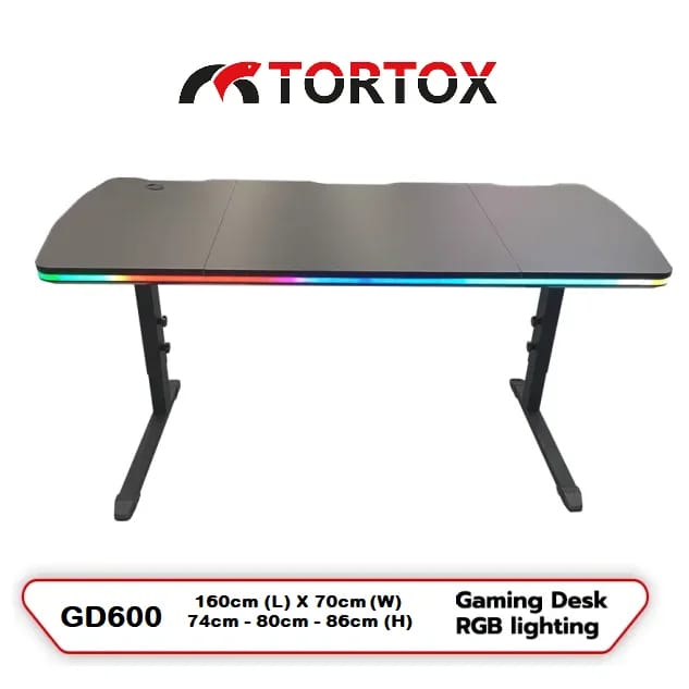 Tortox GD600-R Series Computer Large Gaming Desk, 15 RGB Effects, Laptop Table, Workstation, Recreation Room, PC, E-Sports, 4-port USB Ports, Adjustable Height, XXL Mouse Pad