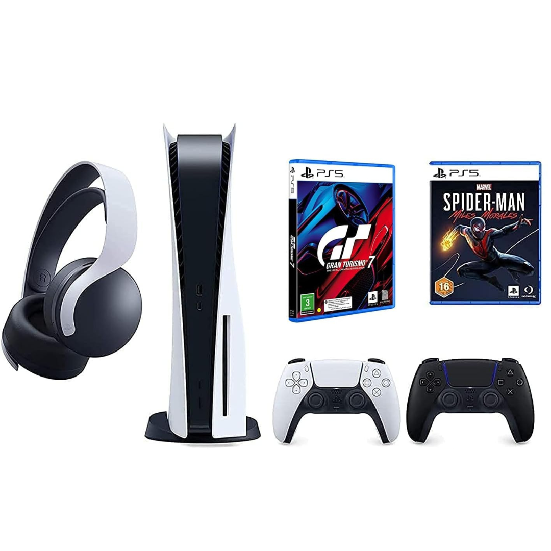 Playstation 5 Disc Console Bundle with Extra White Pulse 3D Wireless Headset, Extra Black Dual sense Wireless Controller & PS5 Spiderman Miles Morales CD & Gran Turismo 7 CD
