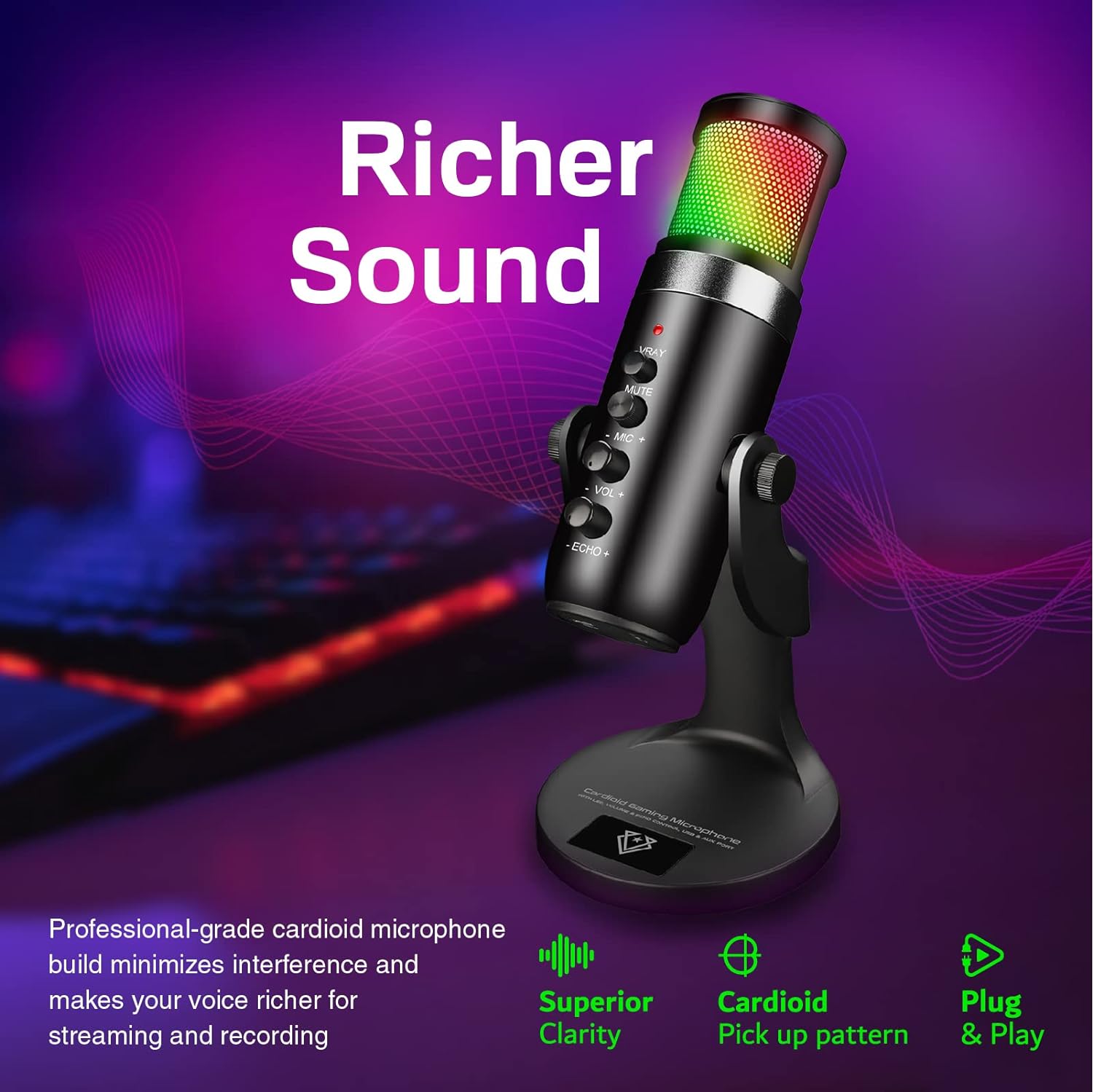 Vertux Unidirectional Hyper Sensitive Cardioid Gaming Microphone USB Condenser Gaming Microphone | [2 Years-Warranty] PC, PS4 and Mac | Multi LED Light Effect - Black