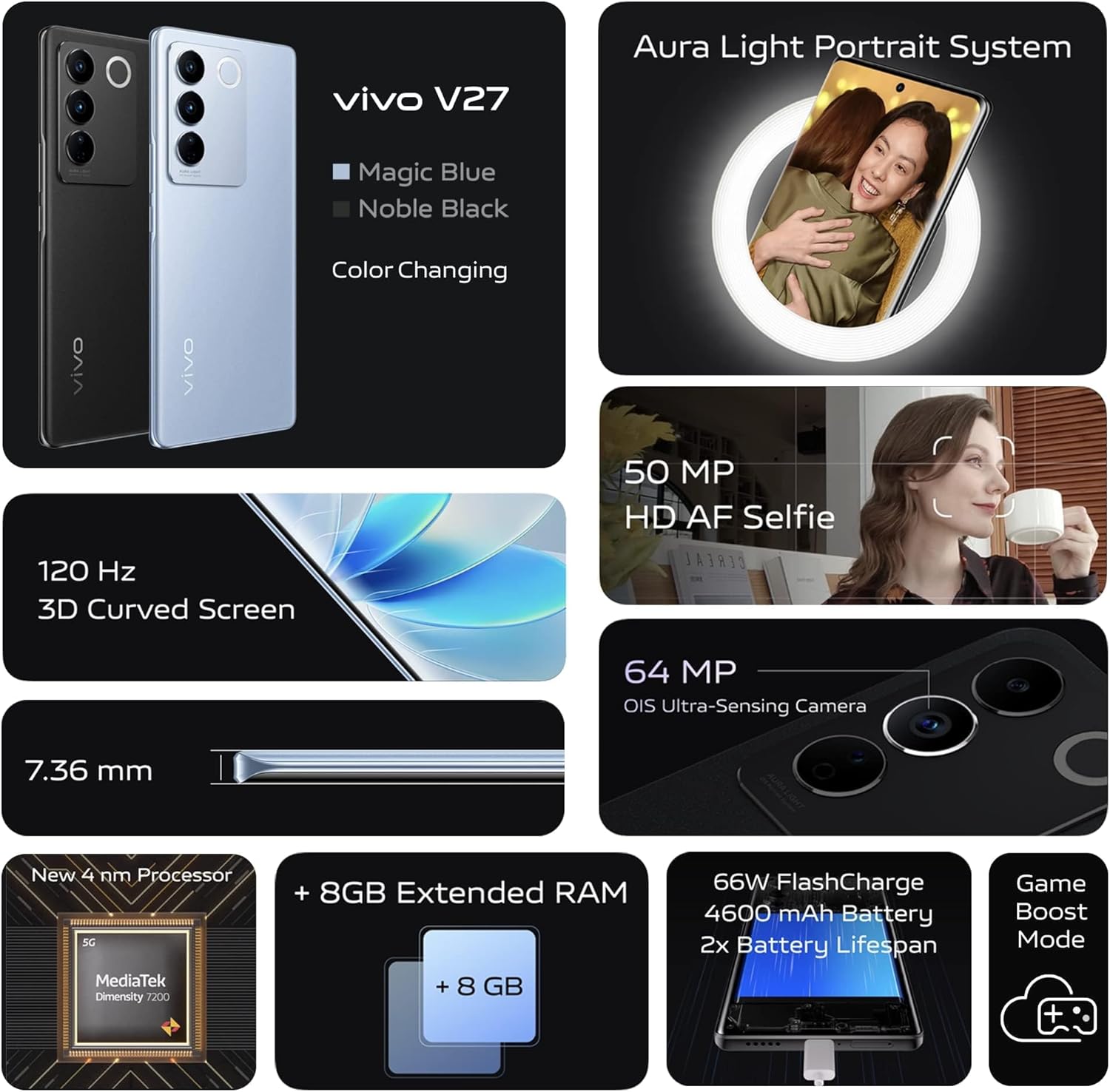 Vivo V27 5G Dual Sim Mobile Phone, 6.8