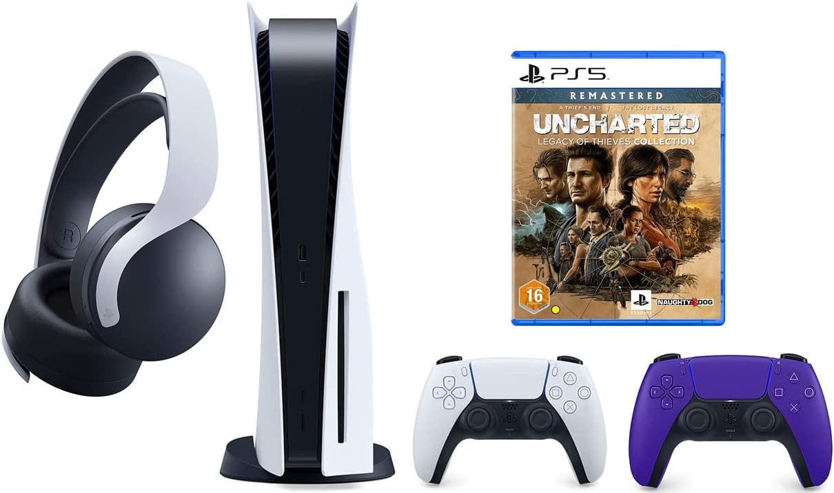 Playstation 5 Disc Console Bundle with Extra Pulse 3D Wireless Headset, Extra Purple Dualsense Wireless Controller and PS5 Uncharted Legacy of Thieves Collection