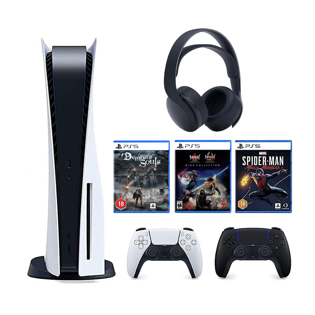 Playstation 5 Disc Console Bundle with Extra Black Pulse 3D Wireless Headset, Extra Black Dual sense Wireless Controller & PS5 Spiderman Miles Moral, Nioh Collection & Demon Soul CD'S