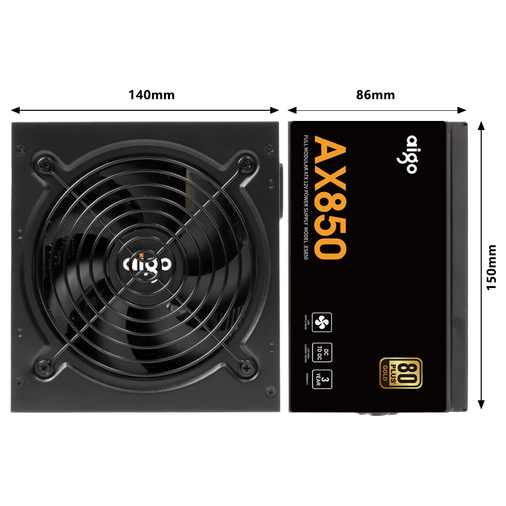 Aigo AX850 Power Supply 80 PLUS Gold Power Supply 850W PCIE 5.0 ATX 3.0 Full Modular 80Plus Gold Certified Game PSU