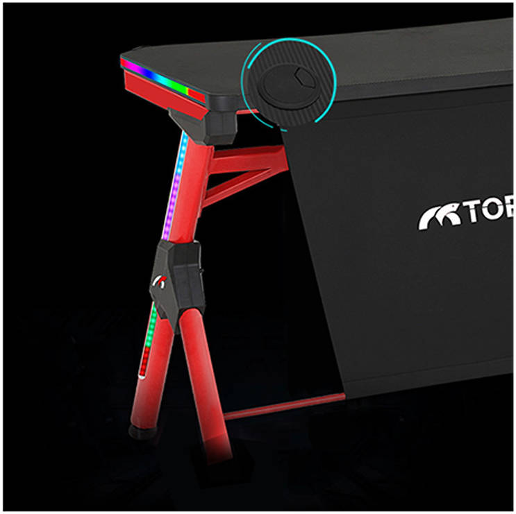 Tortox GD400 Gaming Desk, Brillant Framework, Four RGB Light Strips, Cable Mgt, Power Strip Holder, Cup Holder / Headset Holder, Carbon Fiber Surface, Steel Frame Construction, Red | GD400 - RED