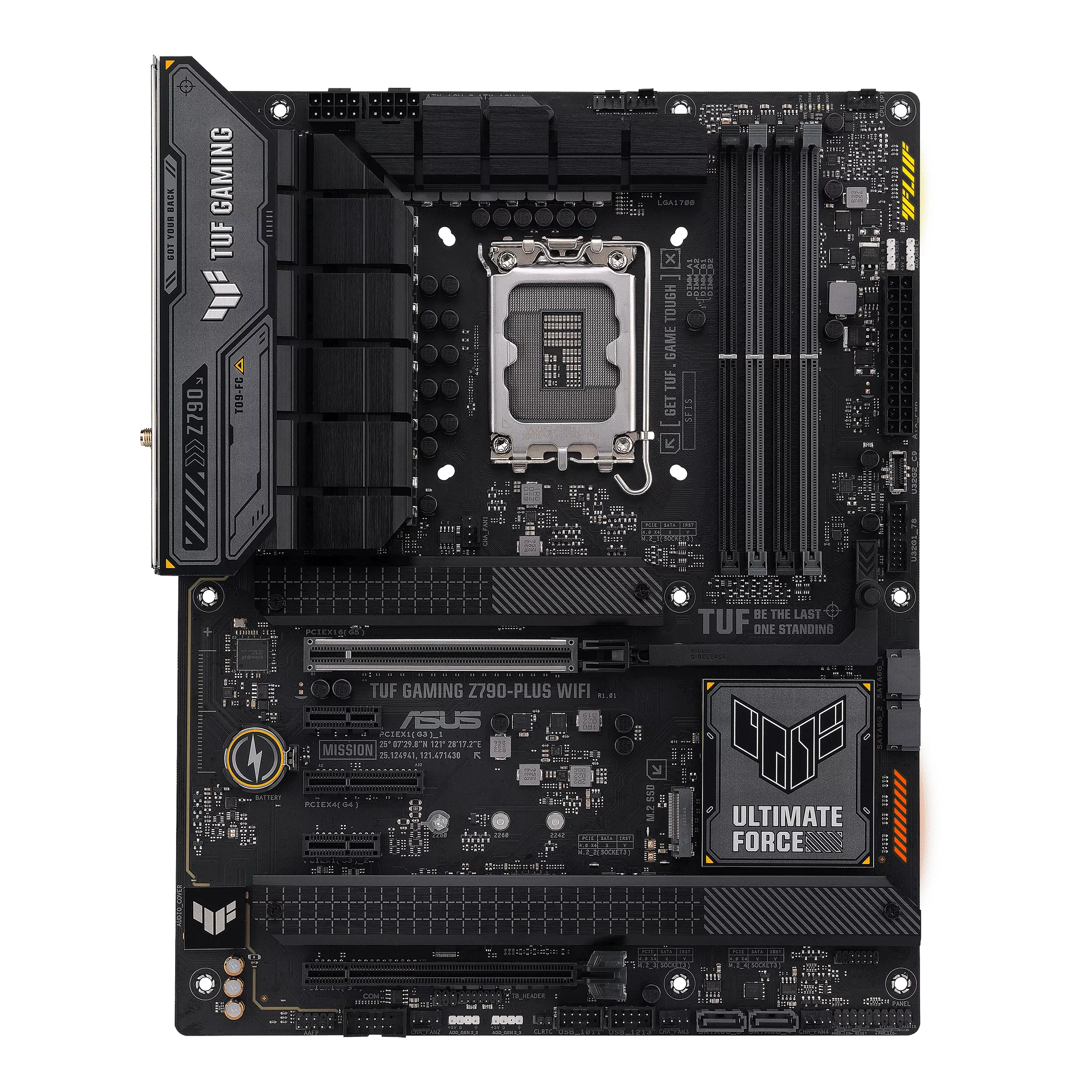 “ASUS TUF Gaming Z790-PLUS WIFI motherboard angled shot highlighting PCIe 5.0 x16 slot and rugged TUF Gaming heatsink design Dubai, in UAE