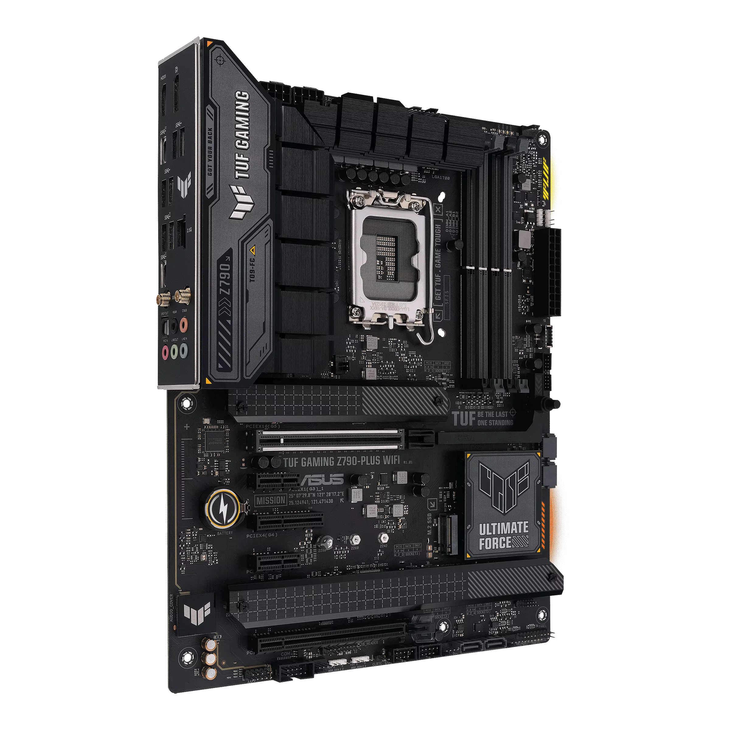 ASUS TUF Gaming Z790-PLUS WIFI motherboard rear I/O panel with Wi-Fi 6E antennas, USB-C ports and 2.5 Gb Ethernet port