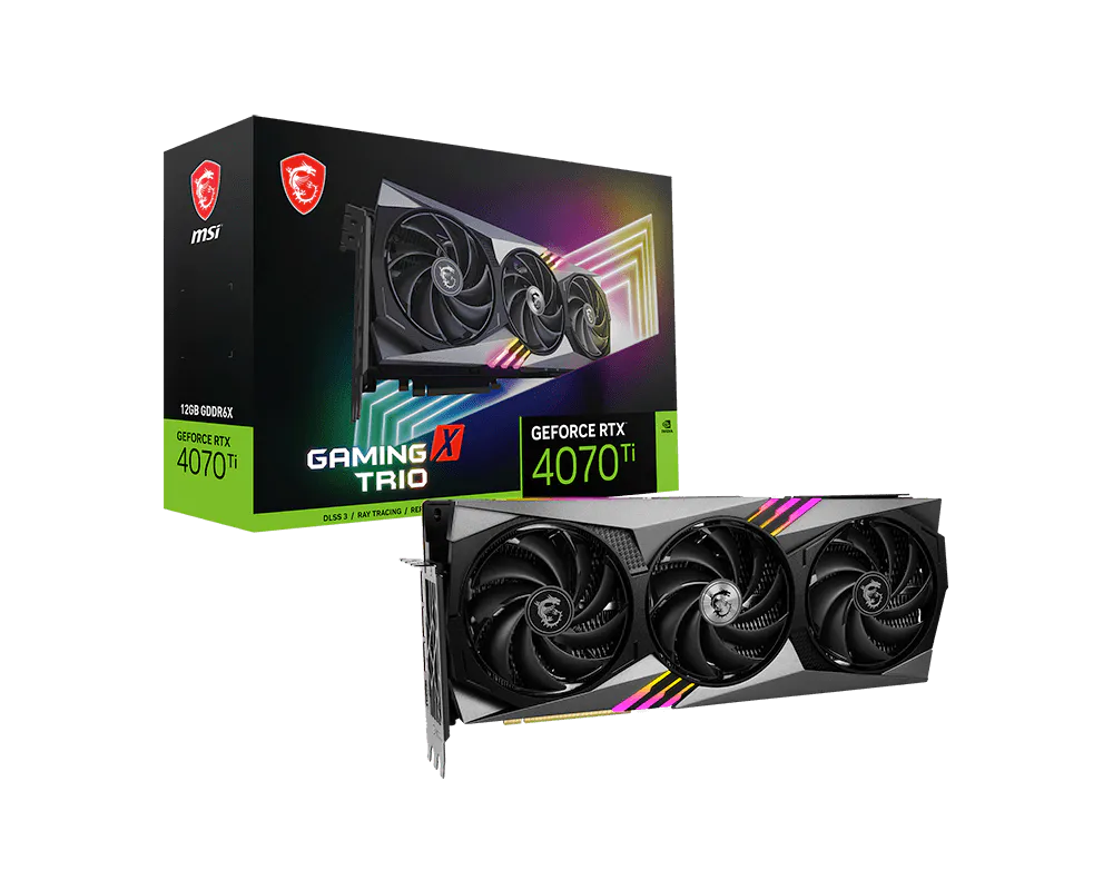 MSI GeForce RTX 4070 Ti GAMING X TRIO 12G – retail box and triple-fan graphics card