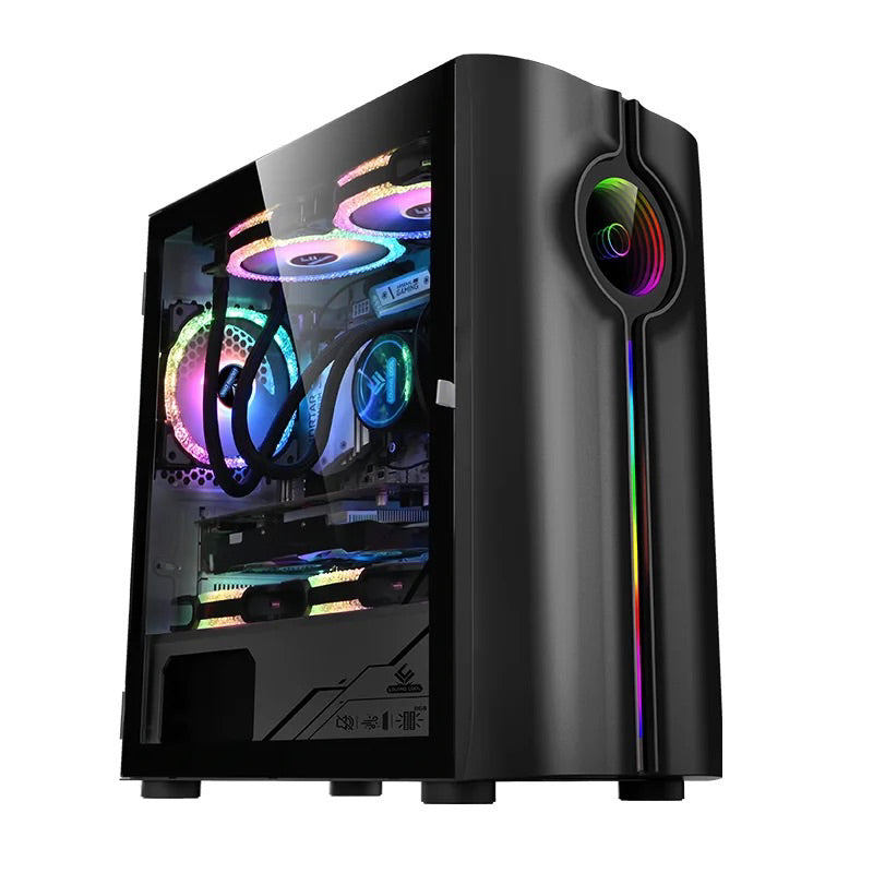 The Armaggeddon Tron Holo Gaming PC AMD Ryzen 7 5800X processor delivers uncompromised power,with stunning graphics and high frame rates with the NVIDIA RTX 3060 12GB graphics  and the 16gb ram 1tb nvme ssd seamlessly handling demanding games and heavy multitasking
