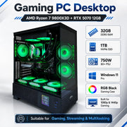 Gaming PC Desktop, AMD Ryzen 7 9800X3D, NVIDIA RTX 5070 12GB Graphics Card, 32GB DDR5 RAM, 1TB NVMe SSD, RGB Black Gaming Case