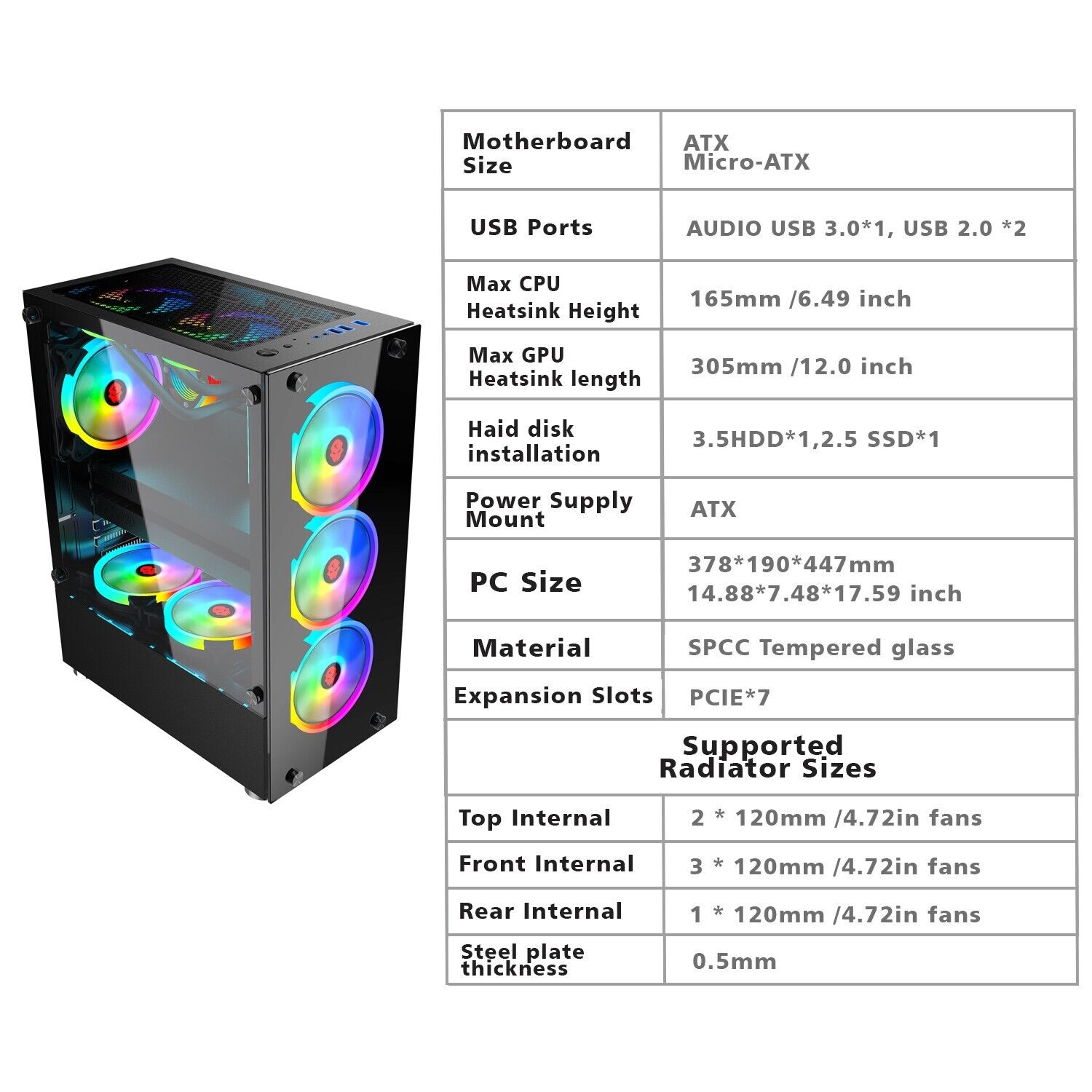 Phoenix ATX/M-ATX/ITX Gaming PC Desktop Computer Case Black with Side Tempered Glass Panels with 5 Fan Support