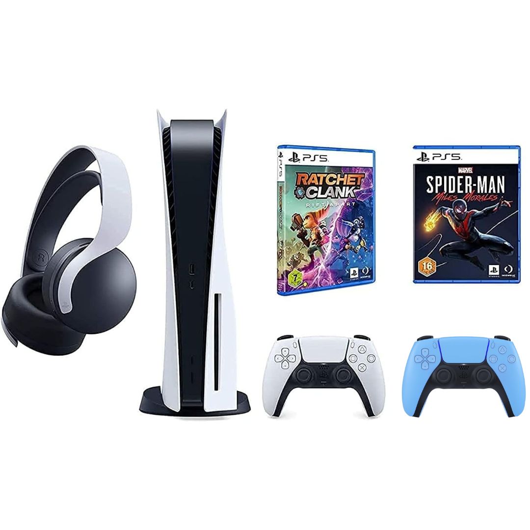 Playstation 5 Disc Console Bundle with Extra White Pulse 3D Wireless Headset, Extra Blue Dual sense Wireless Controller & PS5 Spiderman Miles Morales CD & Ratchet Clank CD