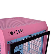 Rear panel of Tower 200 Bubble Pink case showing fan mount and I/O cutouts