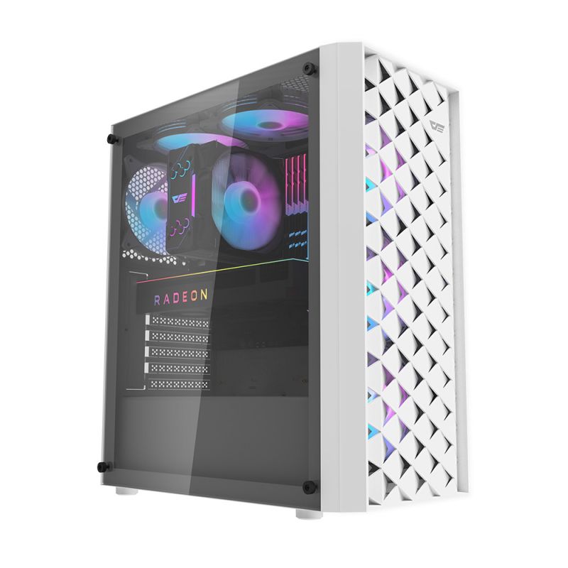 حافظة كمبيوتر Darkflash DK351 ATX مع 4 مراوح RGB، لوحة أمامية بتصميم Dragon Scale Esports، لوحة جانبية من الزجاج المقسّى، تدعم مبردًا يصل إلى 360 مم و6 مراوح 120 مم، لوحة إدخال/إخراج مع USB 3.0، أبيض