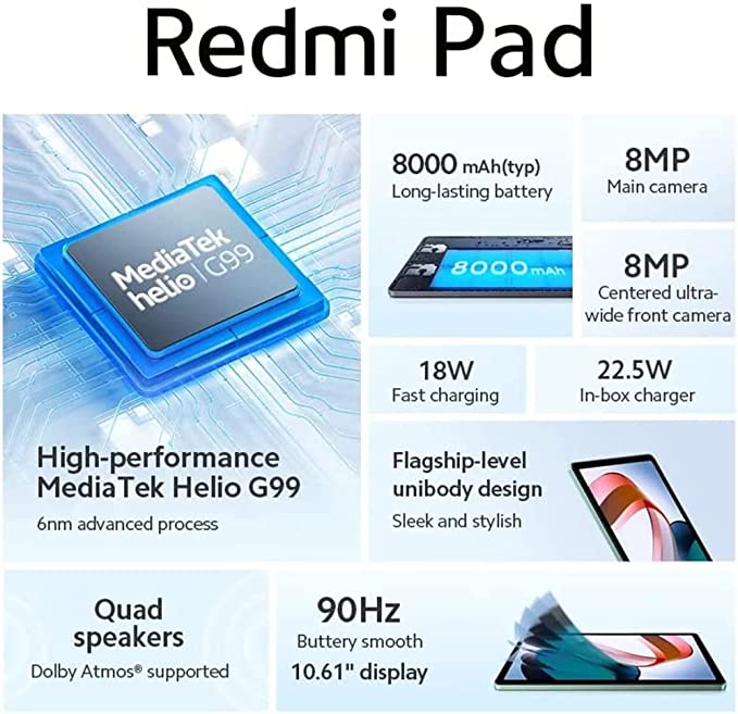 Xiaomi Redmi Pad (Moonlight Silver 6GB RAM, 128 Storage) - 90Hz 10.61 inch 2K Display | High-performance MediaTek Helio G99 | 8000 mAh battery with 18W Fast Charging